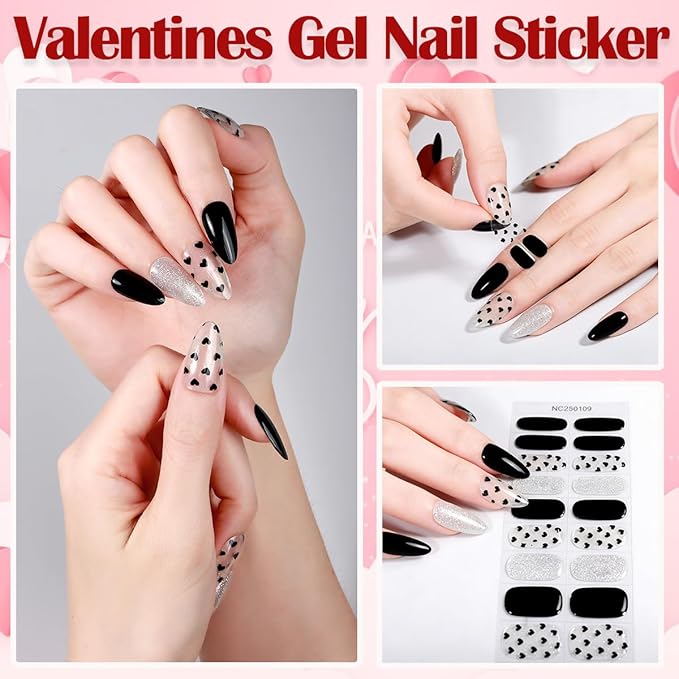 Valentine Day Semi Cured Gel Nail Strips 20Pcs Love Heart Gel Nail Stickers for Nail Art Black Heart with Silver Glitter Design Dark Black Full Wrap Gel Nail Strips Sticker UV Light for Manicure Salon