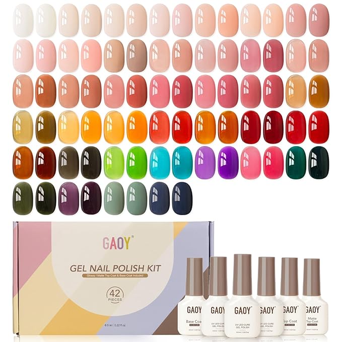 GAOY 42 Pcs Gel Nail Polish Kit, Jelly Pink Milky White Red Transparent Colors All Seasons Gel Nail Polish Set with Glossy & Matte Top Coat and Base Coat for Salon and DIY Manicure at Home