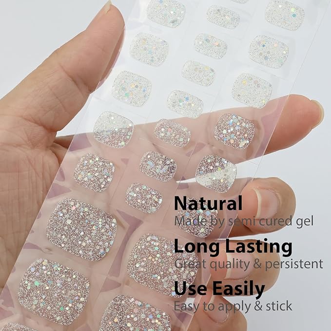 26 Pcs Semi Cured Gel Toe Nail Strips Silver Glitter Gel Nail Stickers Full Cover Clear Nails Wraps Self Adhesive Toe Nails Polish Strips Stickers for Women UV/LED Light Required
