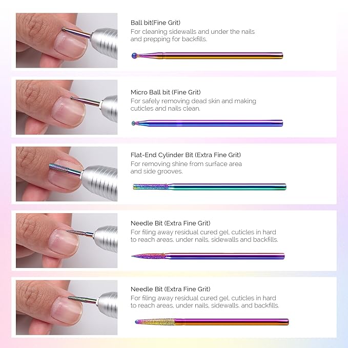 MelodySusie 10pcs Nail Drill Bits Set, 3/32 Inch Diamond Cuticle Bits for Nail Drill E-File, Manicure Pedicure Remover Tools for Acrylic Gel Nails, Salon Home Use Nail Care Supplies, Rainbow
