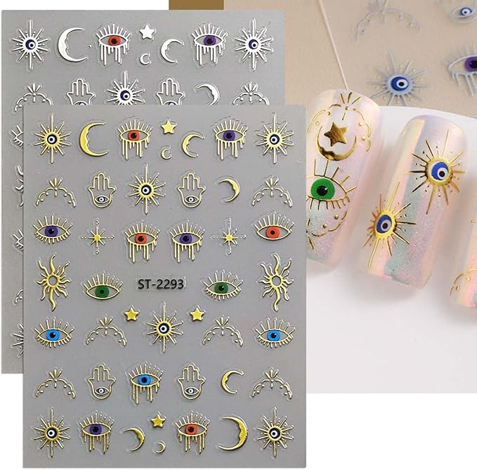 6 Sheets Evil Eye Nail Stickers for Nail Art,Gold Silver Metallic Evil Eye Nail Decals Goth Stickers with Mystical Eye,Snake Design,3D Self Adhesive Nail Art Supplies for Women,DIY Manicure Decor