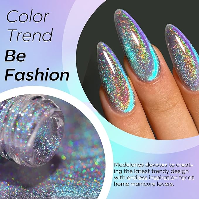 modelones 9D Magnetic Cat Eye Gel Nail Polish, Holographic Blue Purple Rainbow Shimmer, 15ML UV LED Soak Off Gel, valentine Nail Art, Manicure Design - Reflective Top Coat for Women & Girls
