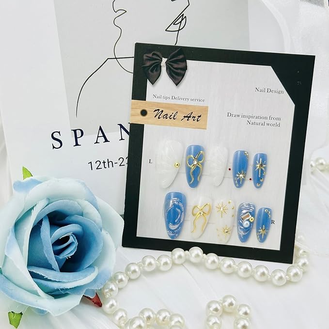 24pcs Blue Press on Nails Medium Almond Fake Nails with 3d Gold Bow Star Rhinestones Designs Glue on Nails Blue Full Cover Artificial False Nails Reusable Acrylic Nail for Women Nail Decor Supplies