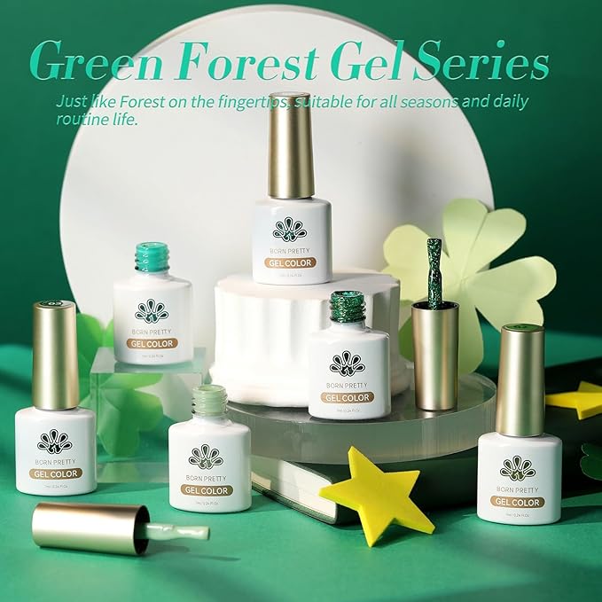 Born Pretty Green Gel Nail Polish, Spring Summer Carnival Evergreen Gel Nail Polish Set, Glitter Green Sparkle Gel Polish Nail Art Varnish Manicure Collection St. Patrick's Day 6PCS