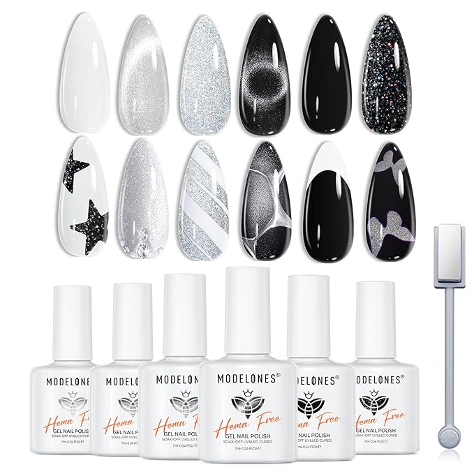 modelones Gel Nail Polish 6 Colors Black White Silver Gray Cat Eye Glitter Shimmer Magnetic Hema& TPO Free Gel Polish Kit Soak Off UV LED DIY Winter Nail Art Manicure Salon Home Gifts for Women Girls