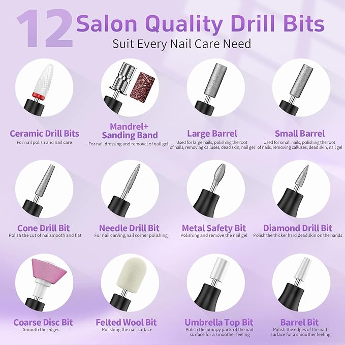 Electric Nail Drill Cordless Nail File with UV Lamp:Professional for Acrylic Gel Dip Powder Nails Portable Nail Kit Machine for Women Girl Manicure Pedicure Nail Set Rechargeable Lightweight