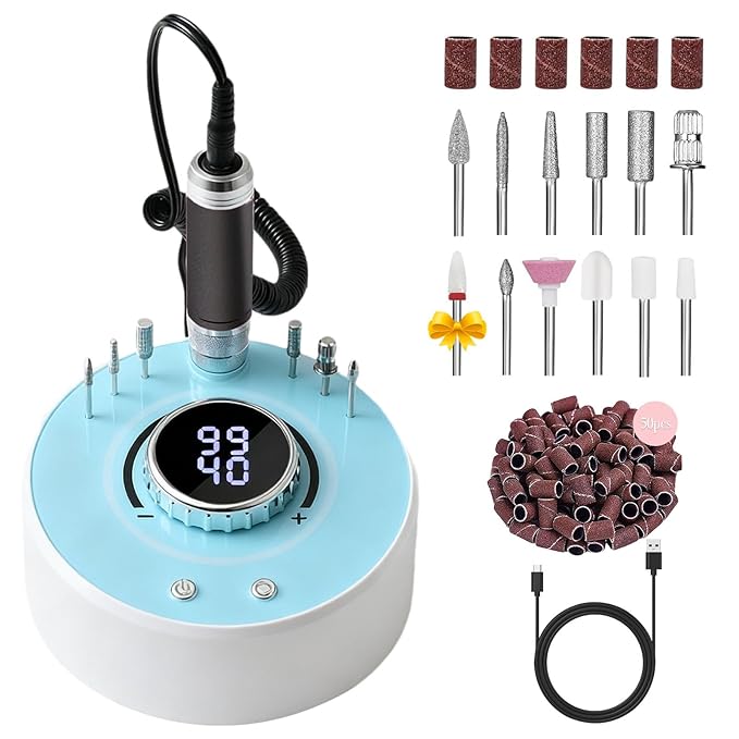 Electric Nail Drill with Brushless Motor, 40000RPM Professional Cordless Nail File for Acrylic & Gel Removal - Rechargeable Manicure & Pedicure Kit with 12 Bits for Home and Salon Use (Blue)