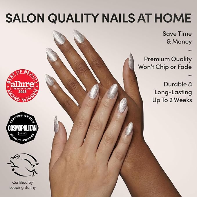 Glamnetic Press On Nails - Oslo Fake Nails | Short Almond Silver Shimmer Nails with a Cat Eye Finish | 15 Sizes - 30 Nail Kit with Glue