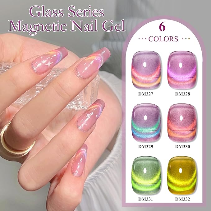 MTSSII Cat Eye Gel Nail Polish Glass Series Magnetic Nail Gel Rainbow Jelly Cateye Pink Purple Translucent UV/LED Nail Polish Nail Art Gifts Set for Women