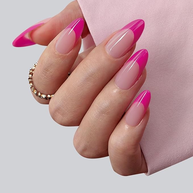BTArtboxnails XCOATTIPS Pink French Tip Press On Nails - Almond Press On Nails Medium, Soft Gel Nail Tips, Soak Off Pink Acrylic Fake Nail Extension in 15 Sizes