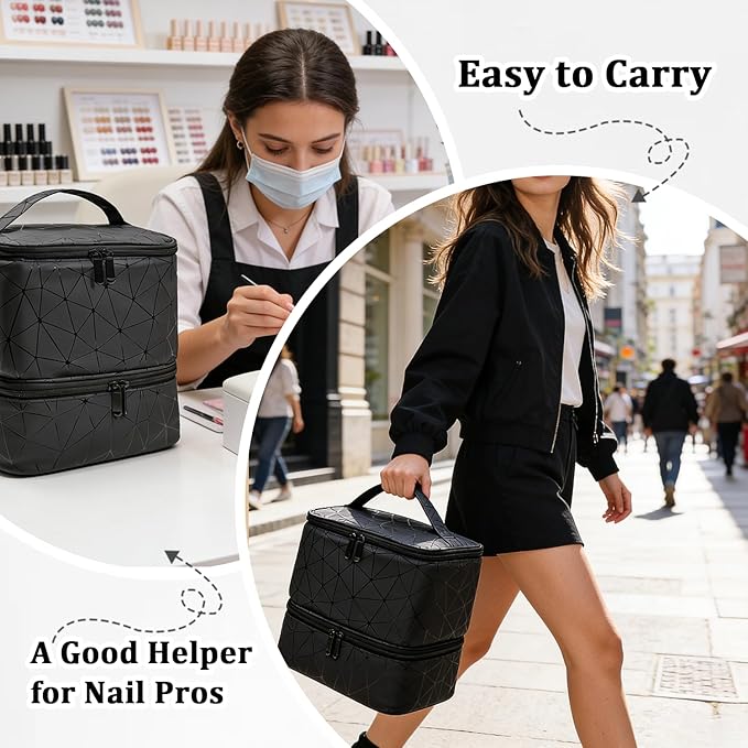 JEWHITENY Nail Polish Organizer Bag Holds 30 Bottles & Nail Lamp,Double-Layer PU Leathe Nail Polish Storage Bag with Adjustable Dividers,Portable Travel Nail Kit Storage Carrying Case (Black)