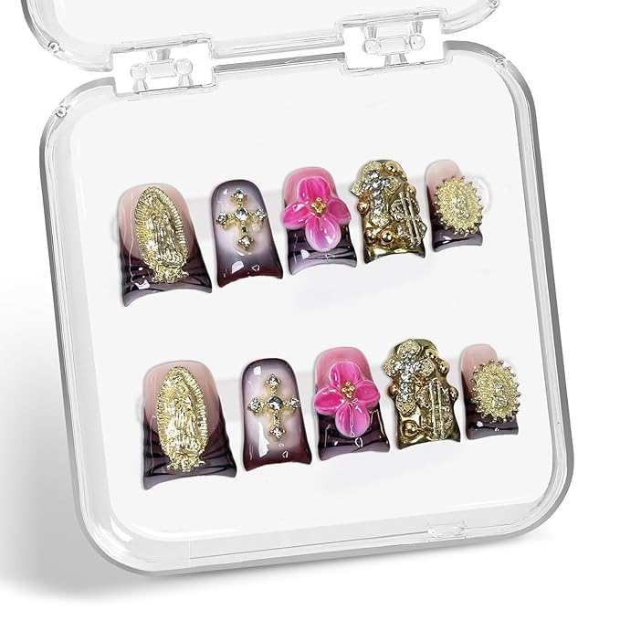 Luxury Pink Flower Press on Nails Handmade 3D Golden Embossed Fake Nails Designs Rhinestones Gradient French Tip Stick on Nail Glossy Short Duck Thicked Acrylic Nails for Women (M)