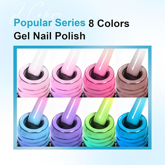 MEET ACROSS Color Changing Gel Nail Polish Kit, 8 Colors Pink Red Blue Purple Temperature Change Gel Polish Soak Off Uv Led Diy Nail Art Salon Manicure Gifts for Women