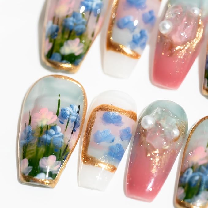 Sun&Beam Nails Handmade Press On Nail Medium Long Coffin Ballerina Green Painting Fake Tip 3D Design Art Charms Cute with Storage Box 10 Pcs (S)