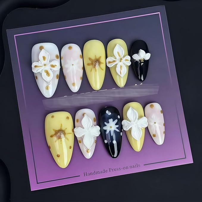 Handmade Almond Acrylic Press-On Nails, 10 Pieces (5 Sizes) with Glue, 3D Flower Art Designs, Gold Glitter Tips, Full Cover, Salon-Quality, Reusable, 24 Pack