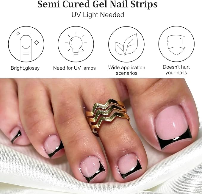 34 Pcs Semi Cured Gel Toe Nail Strips Black French Tip Gel Nail Stickers Full Cover Nails Wraps Self Adhesive Toe Nails Polish Strips Stickers for Women UV/LED Light Required