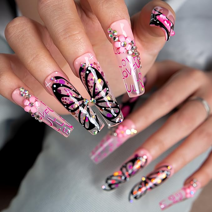 LOVFUL Press on Nails Pink Flutter| Handmade Acrylic Press ons| Reusable Fake False Nails| Square Mid length 1.7in| H723-L