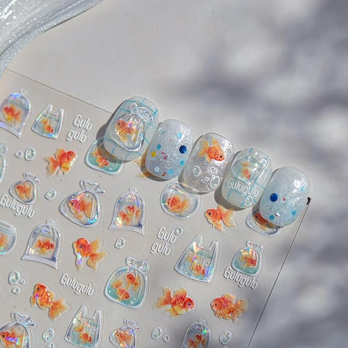 Goldfish Nail Stickers Cute Nail Art Decals Koi Fish Nail Art Stickers Cute Self Adhesive 5D Embossed with Ocean Design Nail Decals for Women Girls Kid Manicure Charms Supply Decoration 2Pcs