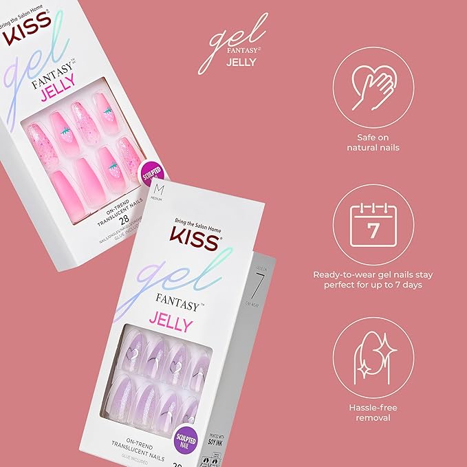 KISS Gel Fantasy Press On Nails, Nail glue included, 'Fun & Jelly', Pink, Medium Size, Coffin Shape, Includes 28 Nails, 2g glue, 1 Manicure Stick, 1 Mini File