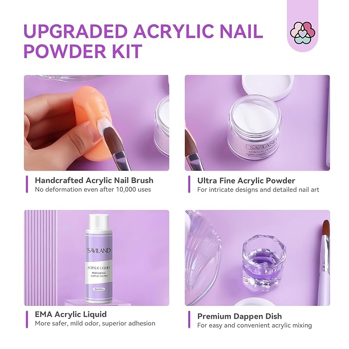 SAVILAND Acrylic Nail Kit for Beginners: White Pink Clear Acrylic Powder and Liquid Set with Nail Dehydrator Primer Brushes Forms Tips Tools Nails Kit Acrylic Set with Everything Home DIY