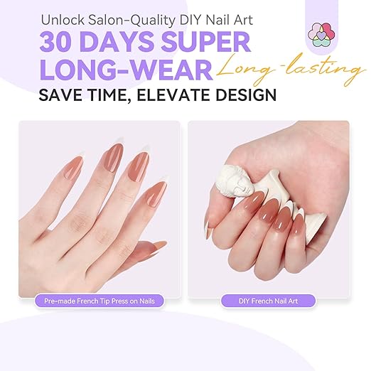 SAVILAND Press On Nails French Tip: 4-In-1 French Gel Nail Tips Pre-Building Medium Almond French Press On Nails 15 Sizes Full Cover Tips for Nails Soak Off Acrylic Fake Nails Extensions Nail Art DIY