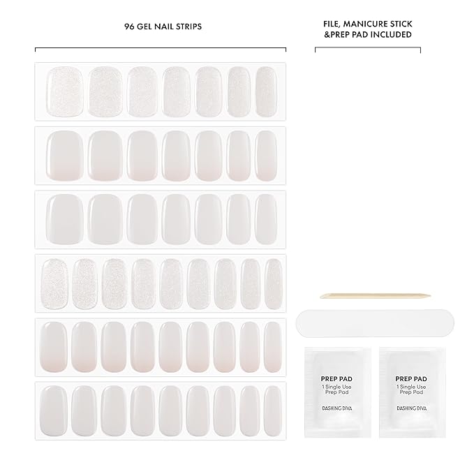 Dashing Diva Glaze Nail Strip 3-in-1 Kit - Best of Blancs - Long Lasting, Chip Resistant, Semi-Cured Gel Nail Strips - Contains 96 strips, 3 prep pads, 3 manicure sticks, 1 nail file