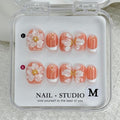 Handmade Press on Nails 3D Flower Embossed False Nails Short Square White French Acrylic Nails Reusable 3D Flower and Pearl for Girls Manicure Art Decoration Accessories (Size S)