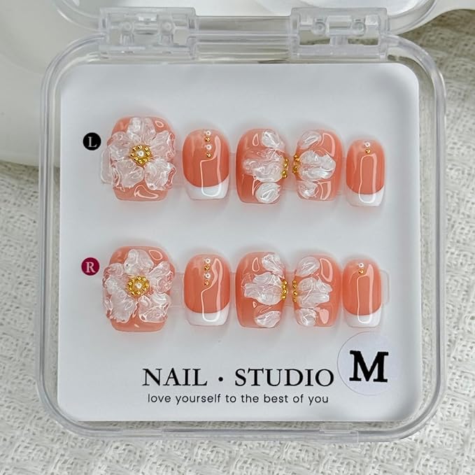 Handmade Press on Nails 3D Flower Embossed False Nails Short Square White French Acrylic Nails Reusable 3D Flower and Pearl for Girls Manicure Art Decoration Accessories (Size S)