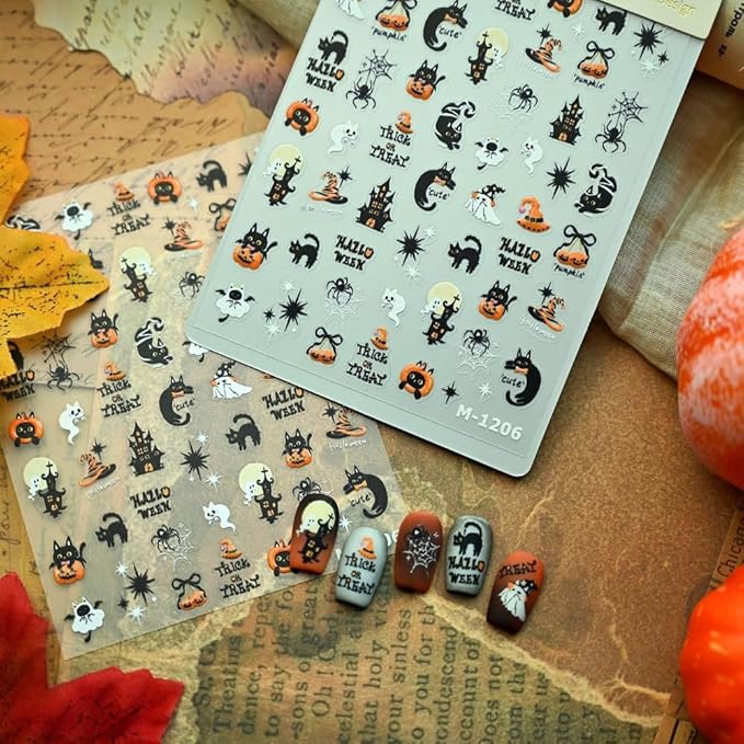 Halloween Nail Stickers 3D Self Adhesive Cute Pumpkin Nail Art Stickers 5D Embossed Black Bat Cat Nail Decals Spider Web Nail Art Supplies Haunted House Nail Design for Women Girls 1 Sheets