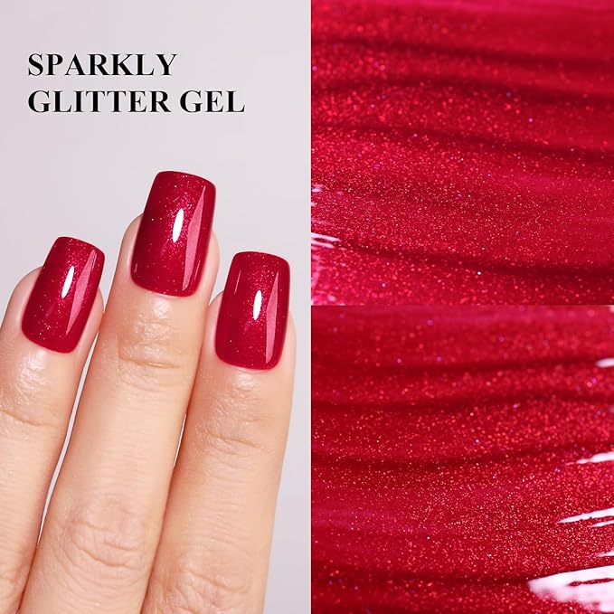 Imtiti Glitter Gel Nail Polish, 0.5 Fl Oz Ruby Red Glitter Gel Polish Soak Off LED UV Diamond Shimmer Sparkle DIY Nail Art Starter Manicure Salon