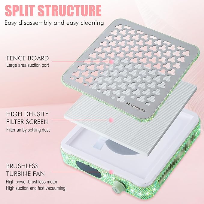 Rhinestones Nail Dust Collector for Nail Polishing in Nail Salon or Home, Portable Shiny Crystal Shape Tool with Powerful Vacuum Fan, 10 Speeds, 1600PA, Filter Paper