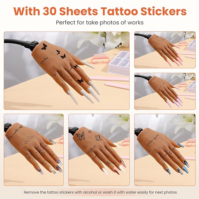 Practice Hand for Acrylic Nails: Silicone Nail Hand Practice with Gold Rings - Flexible Fake Hand Mannequin Nail Hand Kit for Beginners (Brown)