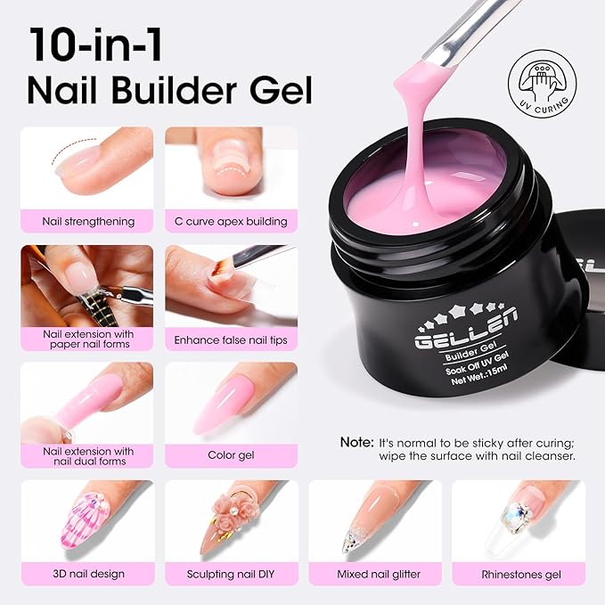 GELLEN Builder Gel Set for Nails,10 In 1 Hard Nail Extension Poly Gel Soak Off UV Polish Set 4 Colors Clear Milky White Classic Pink Nude Apex Sculpting Thickening Nails Salon Home Manicure