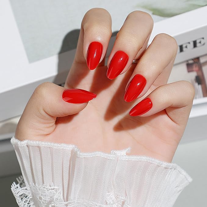 Luxbon Thick Press On Nails Short Almond with No-Cure Nail Glue and Tool Kit – Stick On Nails 25-30pcs Full Size Set, Soft Gel Nail Tips Reusable Fake Nails for Women, Salon Look at Home, Red