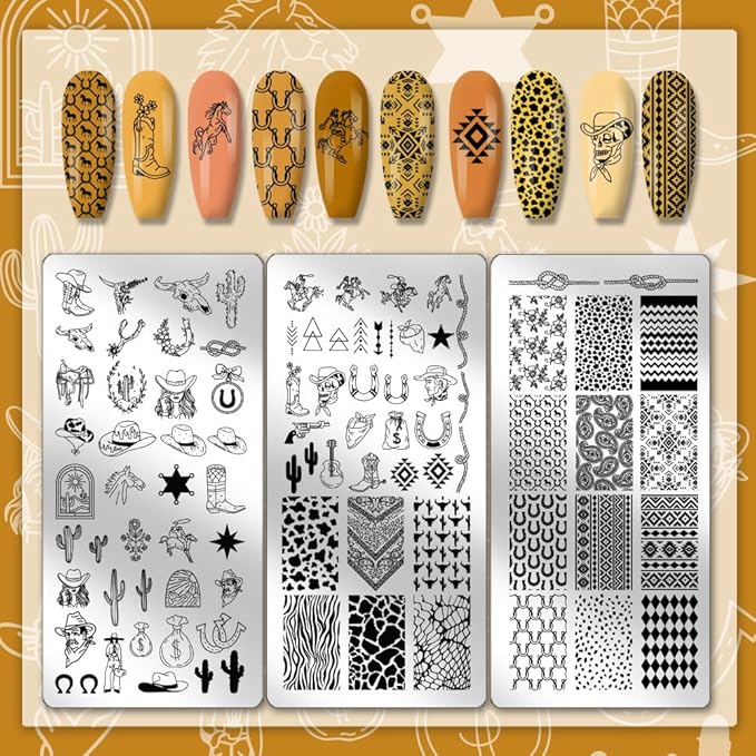 PH PandaHall 3pcs Wild West Nail Stamping Plates, 88 Patterns Western-Theme Nail Art Templates Hat Boots Nail Art Stencil Stainless Steel Nail Image Plates for Women Nail Design Print Manicure Salon