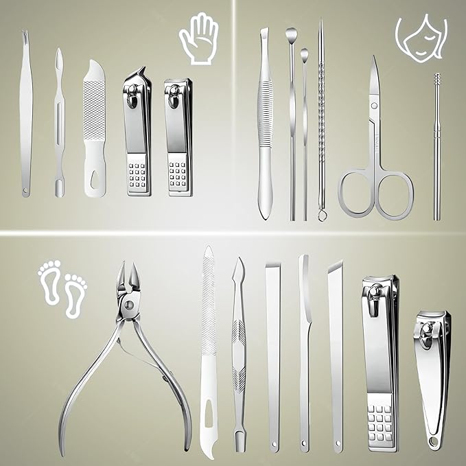 Manicure Set - 19 in 1 Professional Nail Clippers Pedicure Kit, Manicure Tool Kit, Stainless Steel Facial Grooming Set Kit, Gift Idea for Women, Men, Girls, Teens, Grey