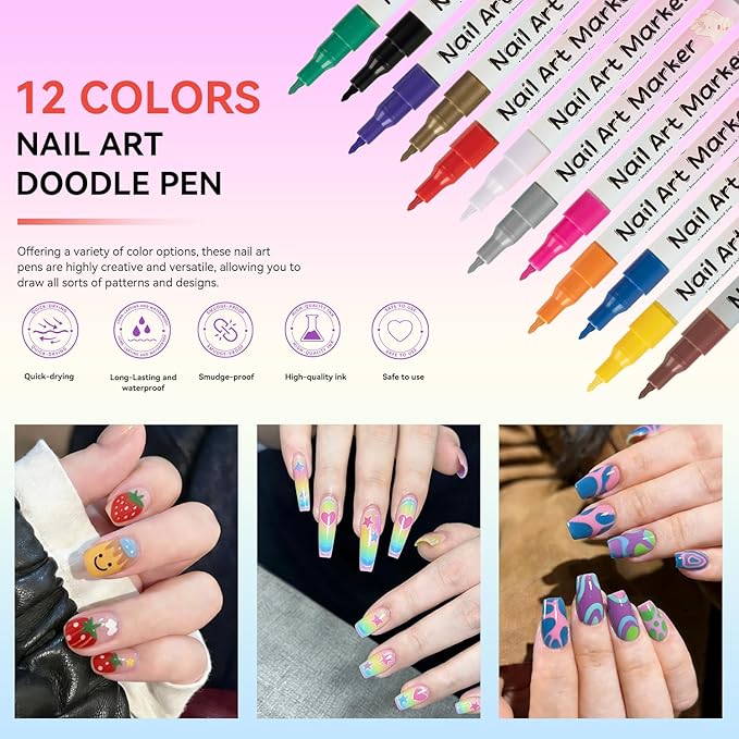 12 Colors Nail Art Pens Set, 3D 0.5MM Nail Polish Pens, DIY Nail Markers, Quick Drying Long Lasting Paint Graffiti Point Dotting Liner Pen Tools for Home & Salon