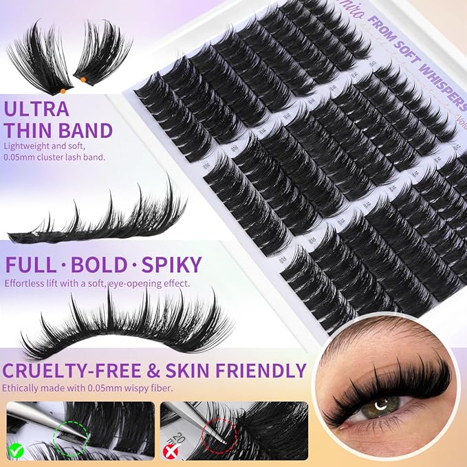 Kiromiro Lash Clusters with Spikes Cluster Eyelash Extensions 12-20mm Wispy Lashes Clusters 216pcs Fluffy DIY Cluster Lashes Extensions Fairy Individual Eyelash Clusters
