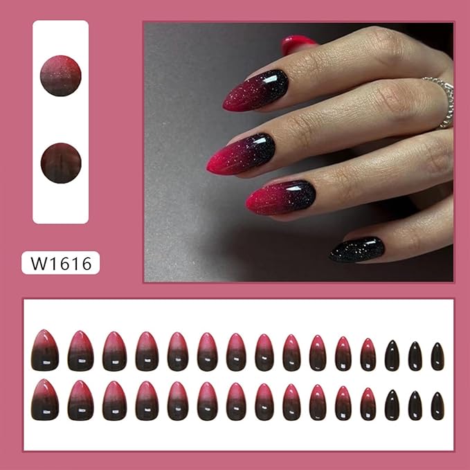 Red Press on Nails Almond Short Fake Nails with Designs Ombre Red Black False Nails Press ons Glossy Full Cover Acrylic Glue on Nails Cute Artificial Stick on Nail for Women Manicure 24Pcs