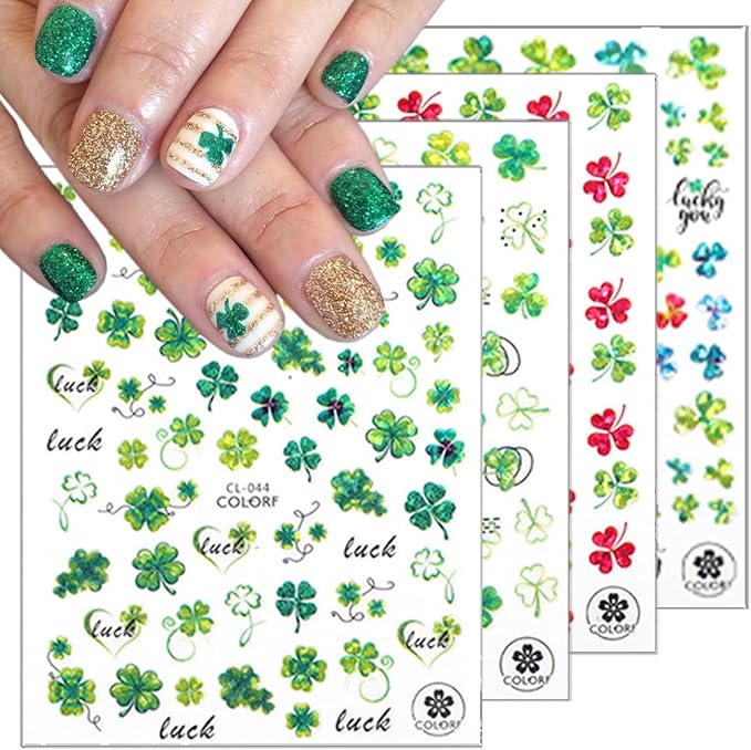 8 Sheets Laser St. Patrick's Day Nail Art Stickers 3D Holographic Glitter Shamrock Nail Stickers Self-Adhesive Luck Clover of Irish Nail Decorations Spring Summer Nails Supplies for Women Holiday DIY