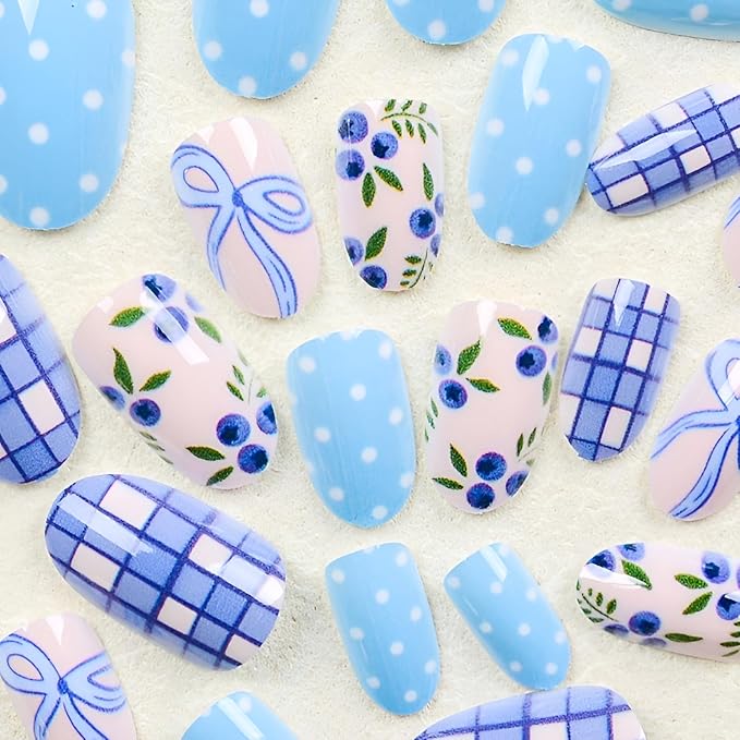Short Almond Press on Nails Blue Fake Nails Polka Dot Nails Press Ons Blue Bow False Nails Glossy Full Cover Stick on Nail Spring Summer Glue on Nail for Women Decorations Set 24Pcs