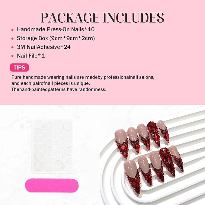 Red Rhinestone French Tip Fake Nails Long Handmade Press on Nails Almond False Nails with 3D Designs Luxury Glue On Nail Full Cover Stick on Nail for Women Manicure 10Pcs (Size M)