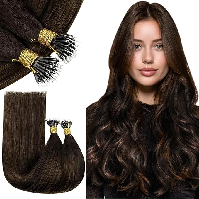 RUNATURE Nano Hair Extensions Human Hair Brown Ombre Blonde Nano Link Extensions Real Human Hair Brown 24 Inch 50 Gram