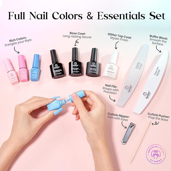Beetles Valentines Gel Polish Set - 36 Color Spring Pastel Yellow Blue Pink Gel Polish Kit with Base Coat Glossy Matte Glitter Top Coat Soak Off UV LED Gel for Nail Art