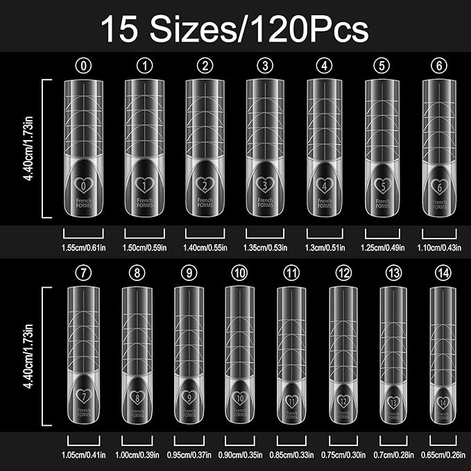 3D French Form with Dual Ended Brush, 120 Pcs 15 Sizes Magic Reverse French Nail Extensions Form for Large Wider Normal Petite Beds, 3D Space Mold for Salon Manicure Art