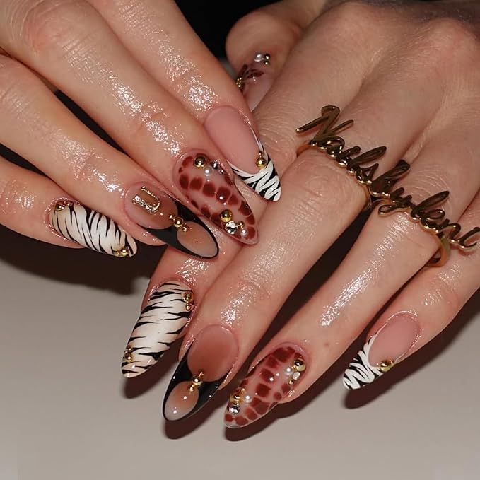 Medium Almond Press on Nails Brown Leopard Stick on Nail for Women 24pcs