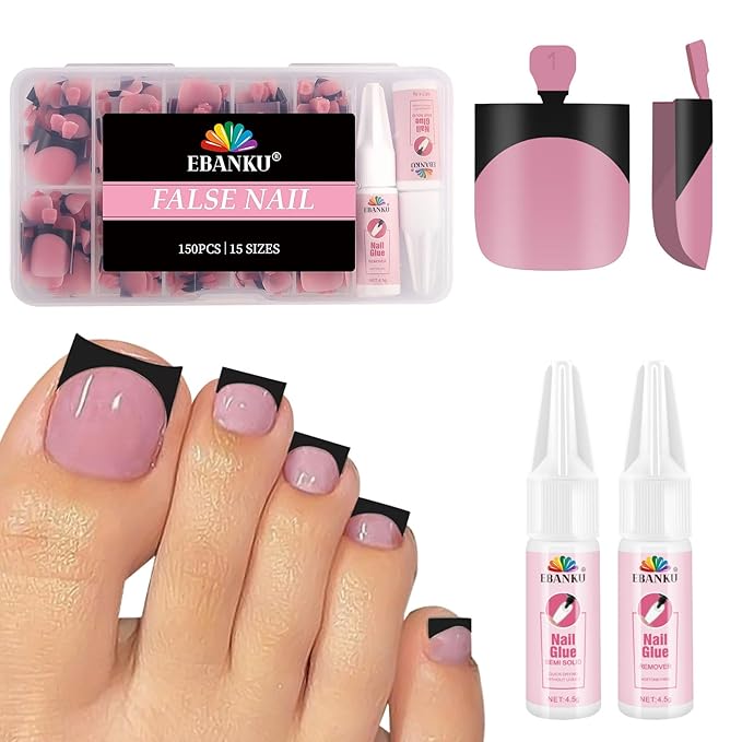 Black French Tip Toe Nail Tips Press on, EBANKU Berry Pink Sharp Square Pre-Designed Soft Gel False Toenail Extension with Nail Glue& Nail Remover, 15 Sizes 150 pcs