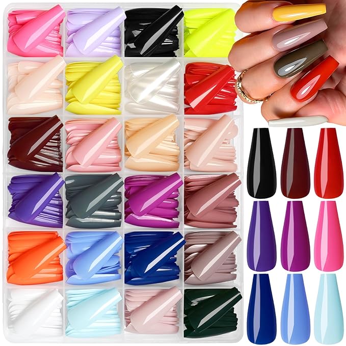 AddFavor Coffin Press on Nails Long, 576pcs Coffin Fake Nails Full Cover Long Glossy Ballerina Nails Press on Acrylic False Nail Tips 24 Colors for Women