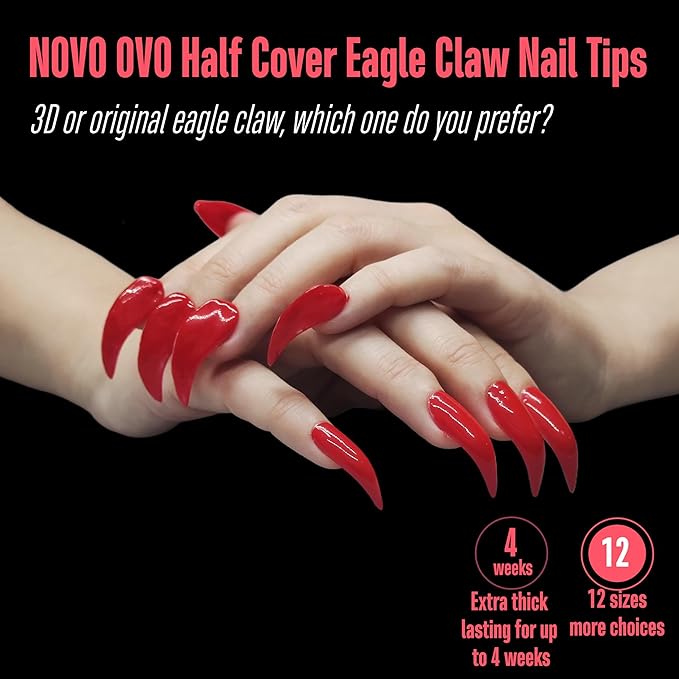 NOVO OVO Halloween Nail Tips Curved Stiletto, Clear Gel x Extension kit Half Cover Press on 3D Eagle Claw nails, Thick Extra Hawk Deep Curve Almond French Tips Soft False Acrylic Nail 504pc 12 Size