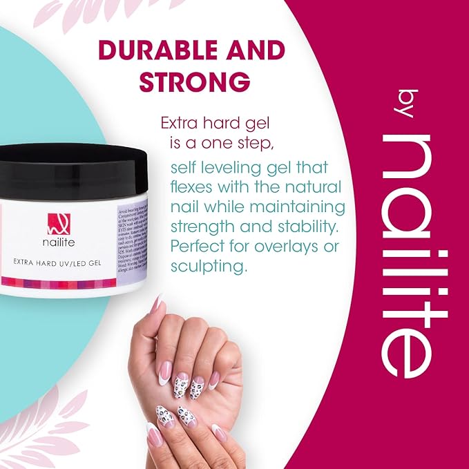 Extra Hard UV LED - Builder Gel for Nails Extension, Self-Leveling Gel and Medium Viscosity - Strengthener (Natural 1.3 Oz.)